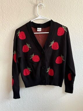 Black Strawberry Knit Button-Front Cardigan